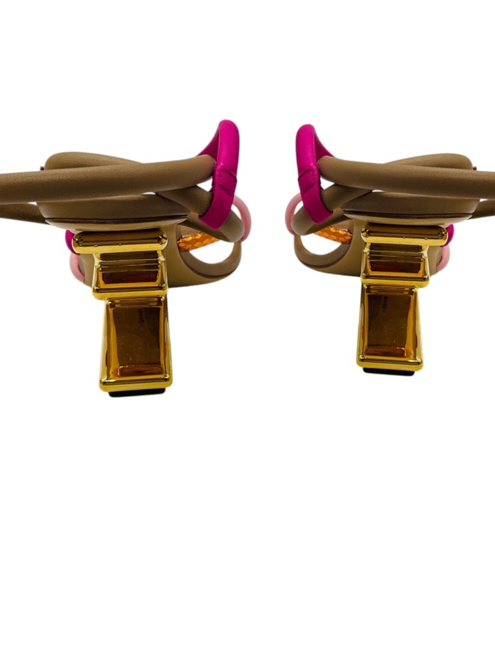 FENDI PINK / TAN MULTI FIRST F COLORBLOCK STRAPPY NAPA ARCHITECTURAL HEEL SANDAL - Picture 5 of 8